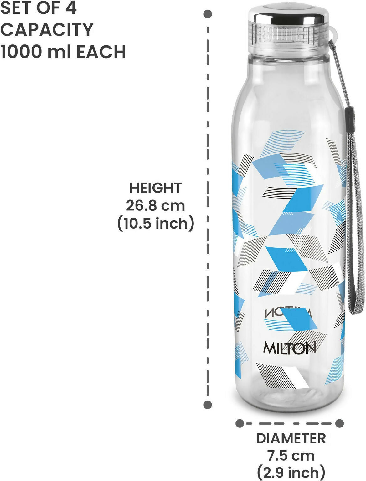 MILTON Helix PET Water Bottle 1 Litre Each with Carry Strap – Multicolor (Pack of 2)