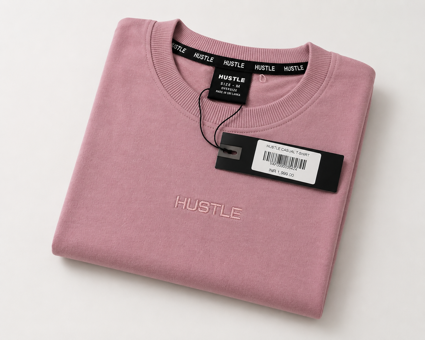 HUSTLE Men’s Casual T-Shirt – Dusty Pink | Relaxed Oversized Fit | Ribbed Crew Neck | Embroidered Logo