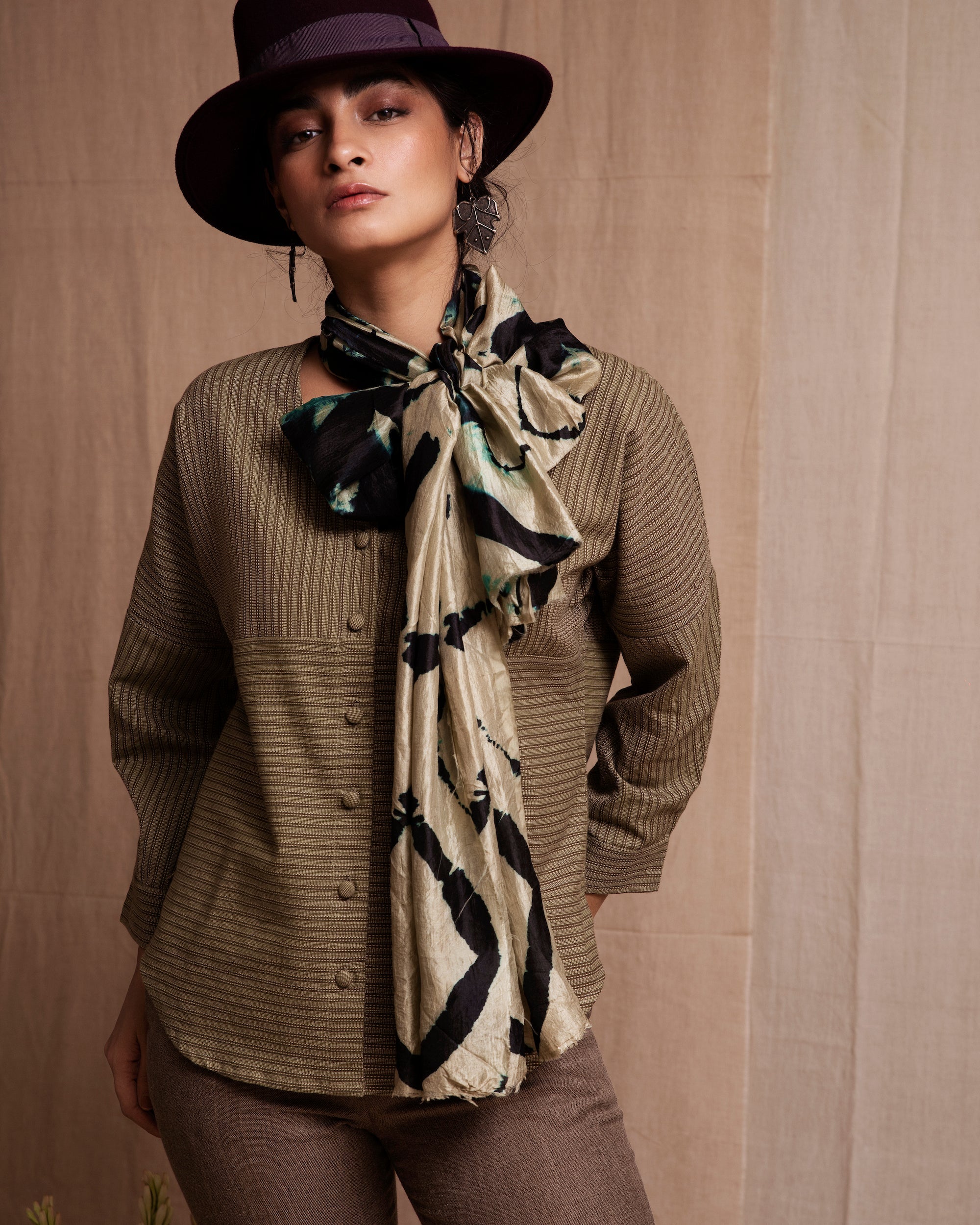 Olive V neck Top with Drop Shoulders
