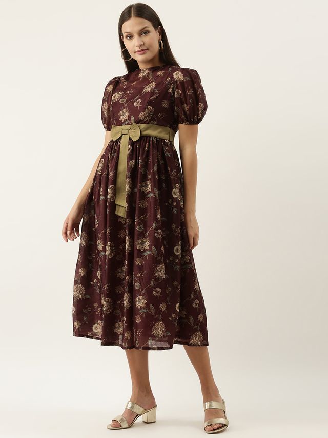 Bollywood Vogue Ready To Wear Maroon Chanderi Silk Puff Sleeve Dress