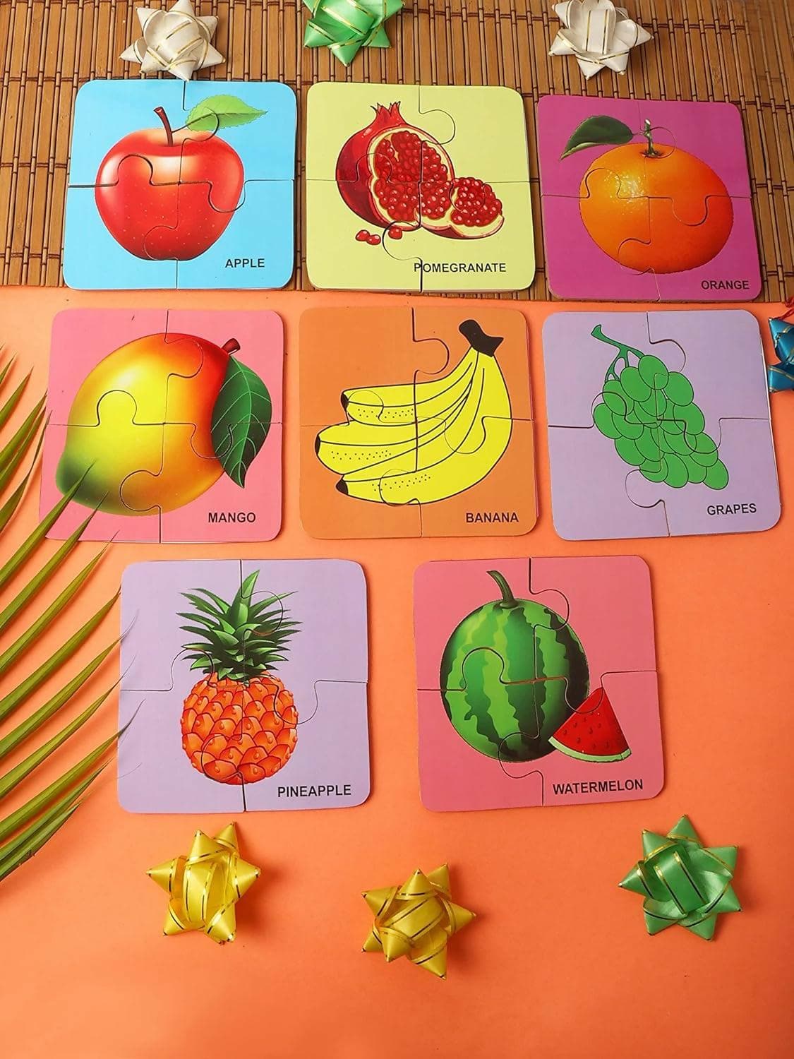 AVMART Wooden Educational Multi-Color Set of 8 Fruits Jigsaw Puzzle Cards For Kids - HalfPe