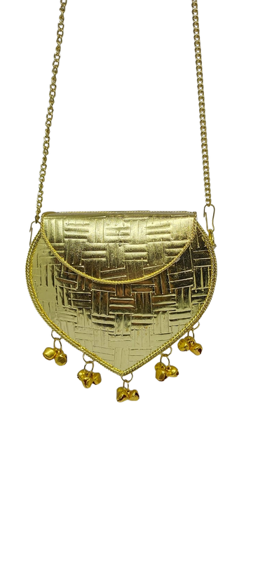 Buddy Cares Metal Gold Crossbody Bag with Chain Strap and Bell Charms, Woven Texture Sling Purse – Heart – view 2 – Buddy Cares