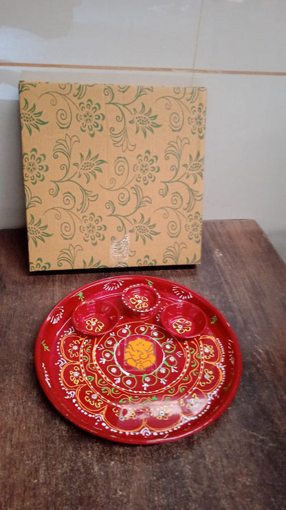Hand-Painted Decorative Pooja Thali with Ganesha Motif and Diyas – Traditional Festive Design (1 Pc)