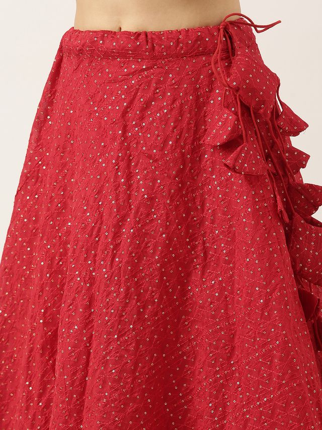 Bollywood Vogue Ready To Wear Silver N Dark Red Georgette Sequins Embroidered Lehenga