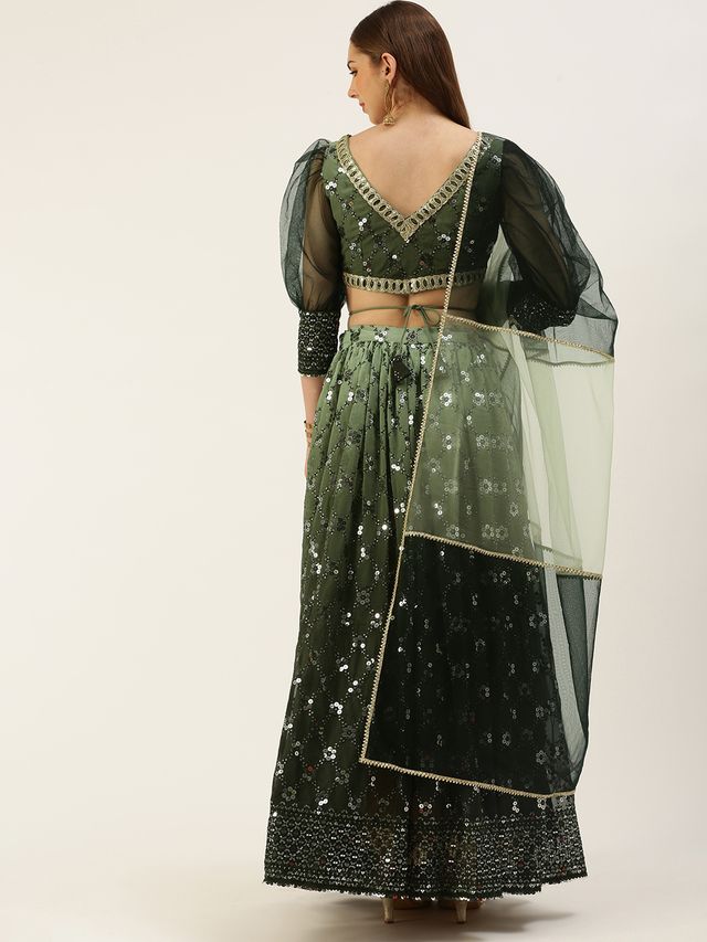 Bollywood Vogue Ready To Wear Green Embroidered Ombre Embellished Lehanga