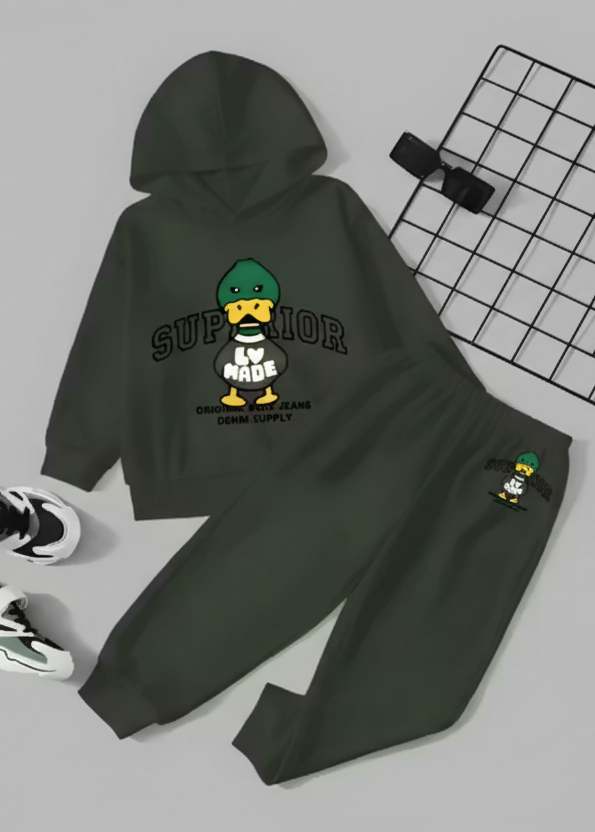 Kids Hooded Sweatshirt & Jogger Set – Superior Duck Print Casual Wear (Green) Luck Fashion