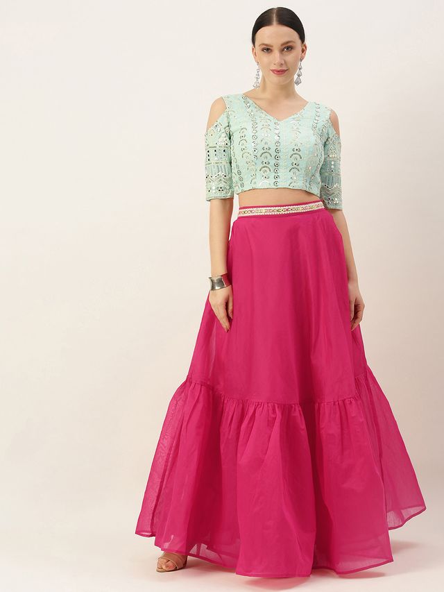 Bollywood Vogue Ready To Wear Blue Georgette Embroidered Blouse N Pink Skirt