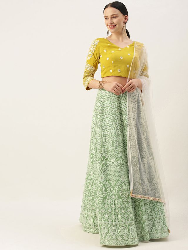 Bollywood Vogue Ready To Wear Green Viscose N Yellow Georgette Kali Lehenga