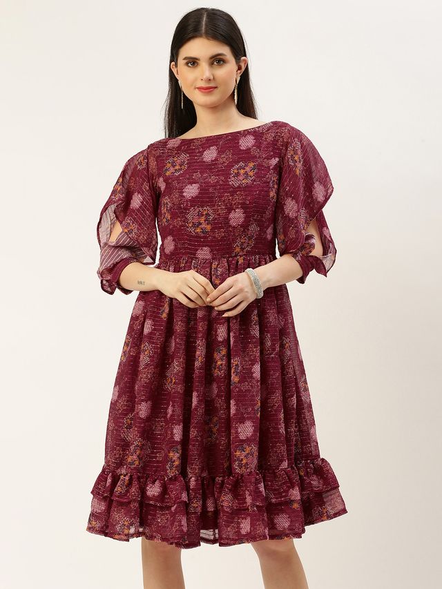 Bollywood Vogue Ready To Wear Wine Georgette Digital Printed Dress