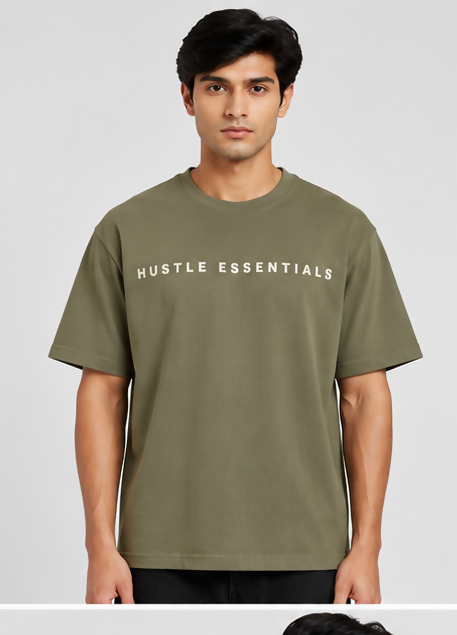 HUSTLE Men's Crew Neck Oversized T-Shirt – Muted Olive Green