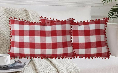 Lushomes Rectangle Cushion Cover with Pom Pom, Cotton Sofa Pillow Cover Set of 2, 12x20 Inch, Big Checks, (30x50 Cms)(MULTI COLOURS) - HalfPe