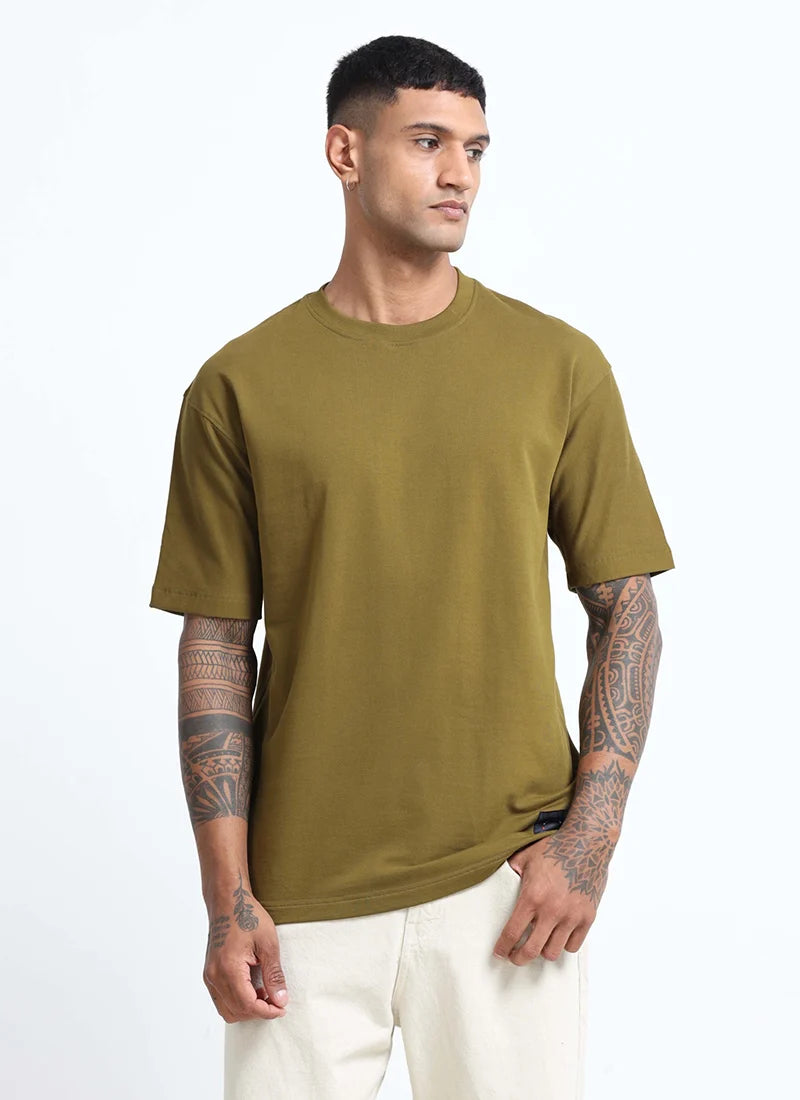 HUSTLE Men's Crew Neck Relax Fit Tees - Khaki Olive