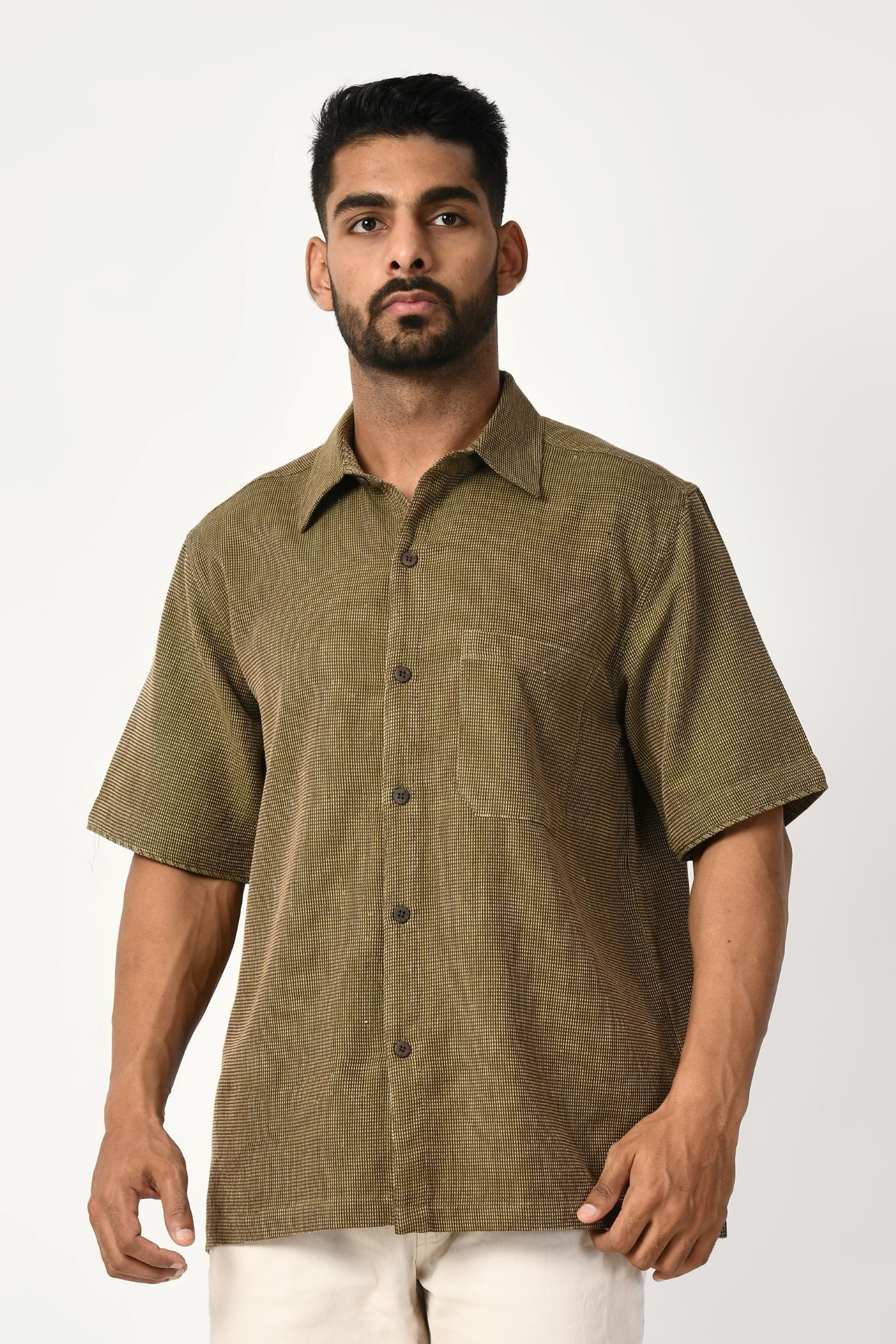 Green Handwoven Dobby Stripe Cotton Half Sleeve Shirt