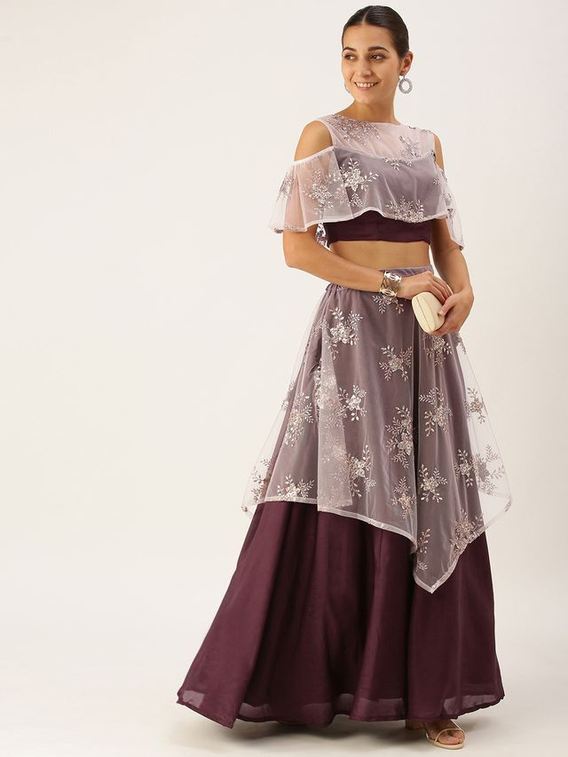 Bollywood Vogue Ready To Wear Mauve Net Embroidered Handkerchief Style Skirt Set