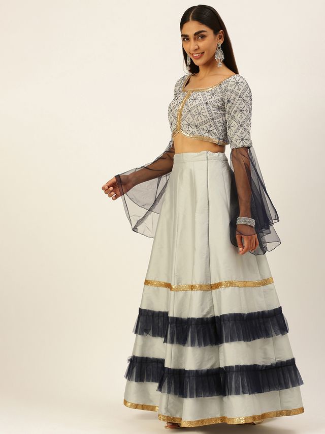 Bollywood Vogue Ready To Wear Blue N Grey Sequence Embroidered Lehenga Set