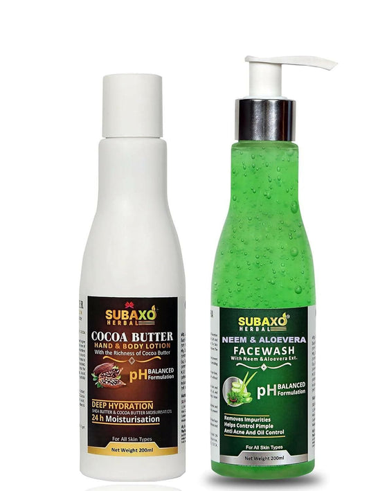 SUBAXO Cocoa Butter hand and body lotion(200ml) and Neem AloeVera Face Wash (200ml) Combo - HalfPe