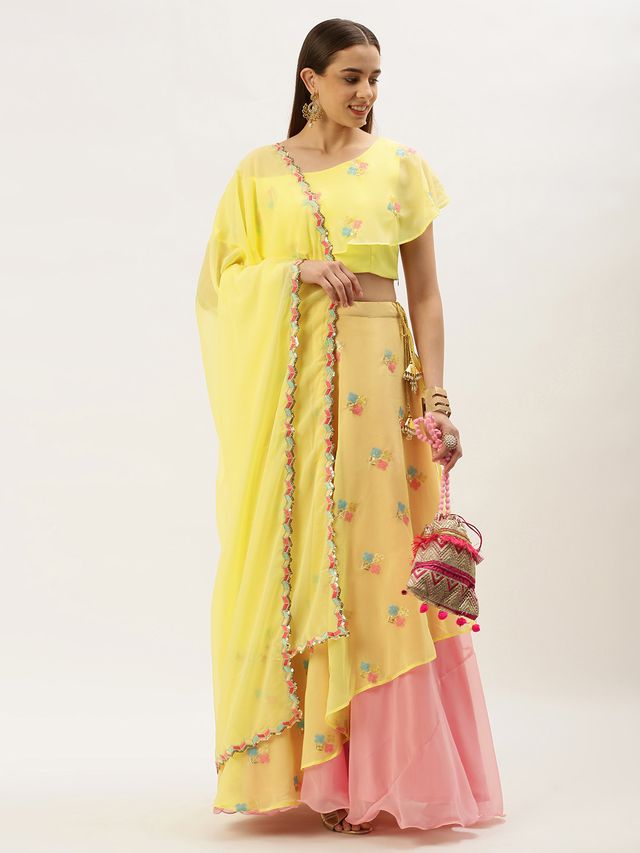 Bollywood Vogue Ready To Wear Yellow Georgette Embroidered Lehenga set