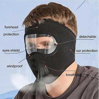 Unisex Cotton Full Face Winter Mask with Eye Protection Goggles Windproof & Sun-Proof Cycling and Bike Mask for Men & Women – Black (Pack of 1)