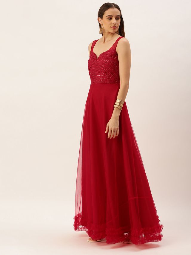 Bollywood Vogue Ready To Wear Dark Red Georgette Sequins Embroidered Gown