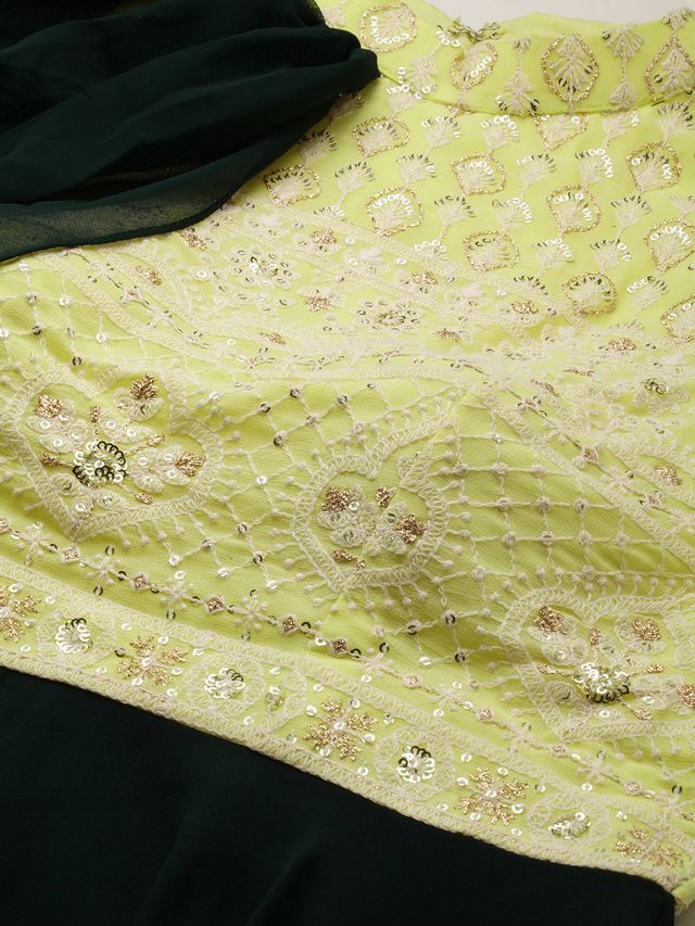 Bollywood Vogue Ready To Wear Bottle Green N Yellow Halter Neck Gown