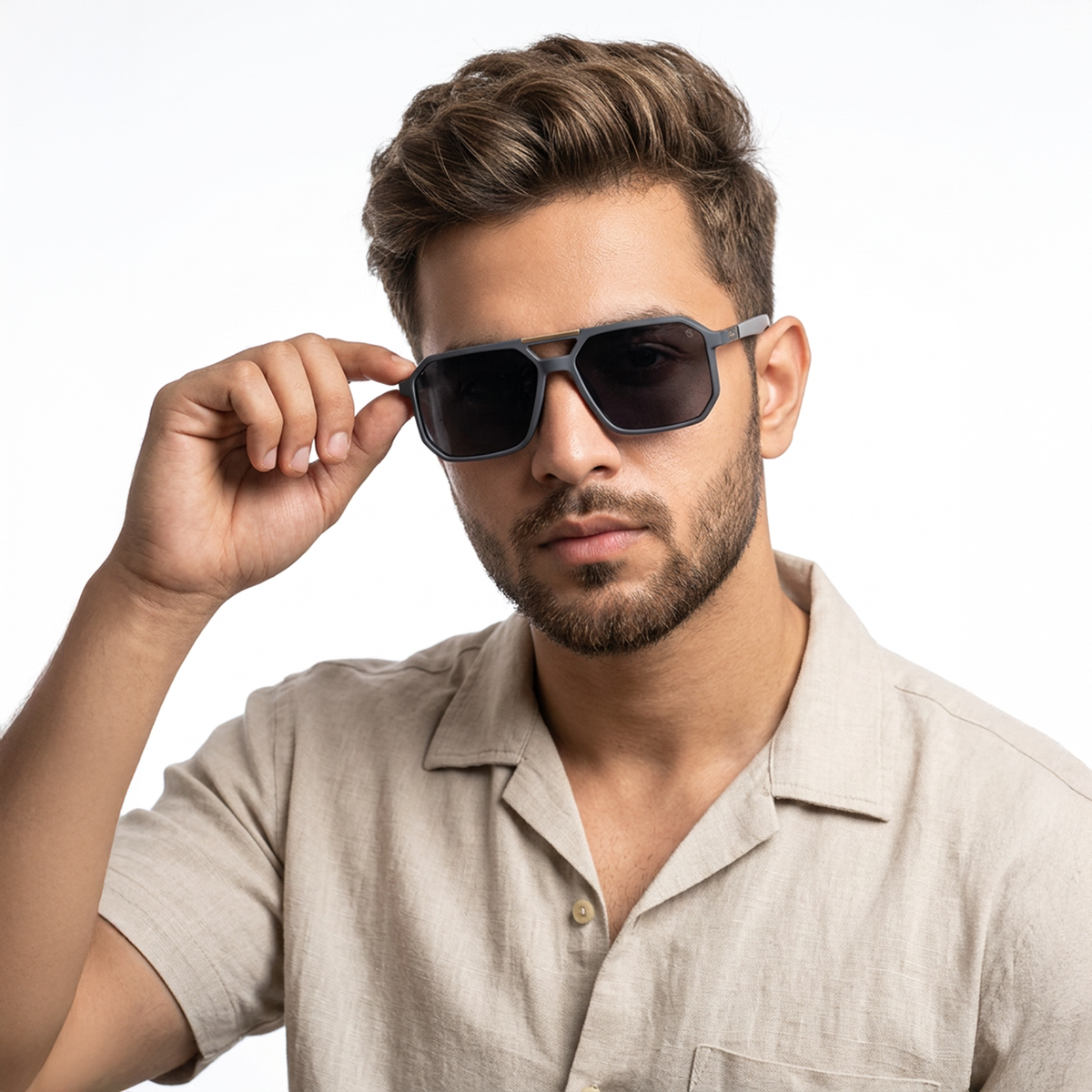 Eyejack Grey Wayfarer Sunglasses for Men and Women - Style 1113 - worn by a male model (image 1)