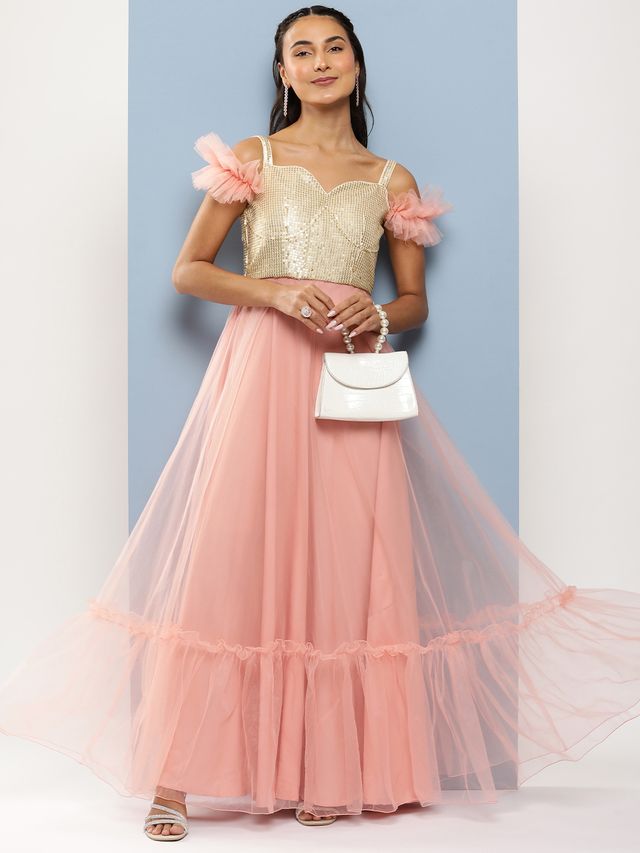 Bollywood Vogue Ready To Wear Silver Embroidered N Pink Corset Style Gown