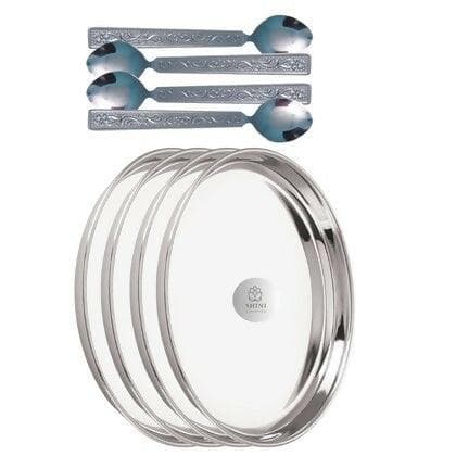 SHINI LIFESTYLE Stainless Steel Lunch Dinner Plates Thali Set with Round Extra Deep, Bhojan Thali with Table Spoon Set (8) - HalfPe