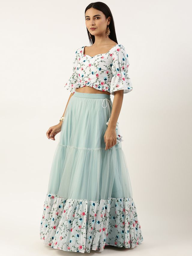 Bollywood Vogue Ready To Wear White Georgette Embroidered N Mint Green Lehenga