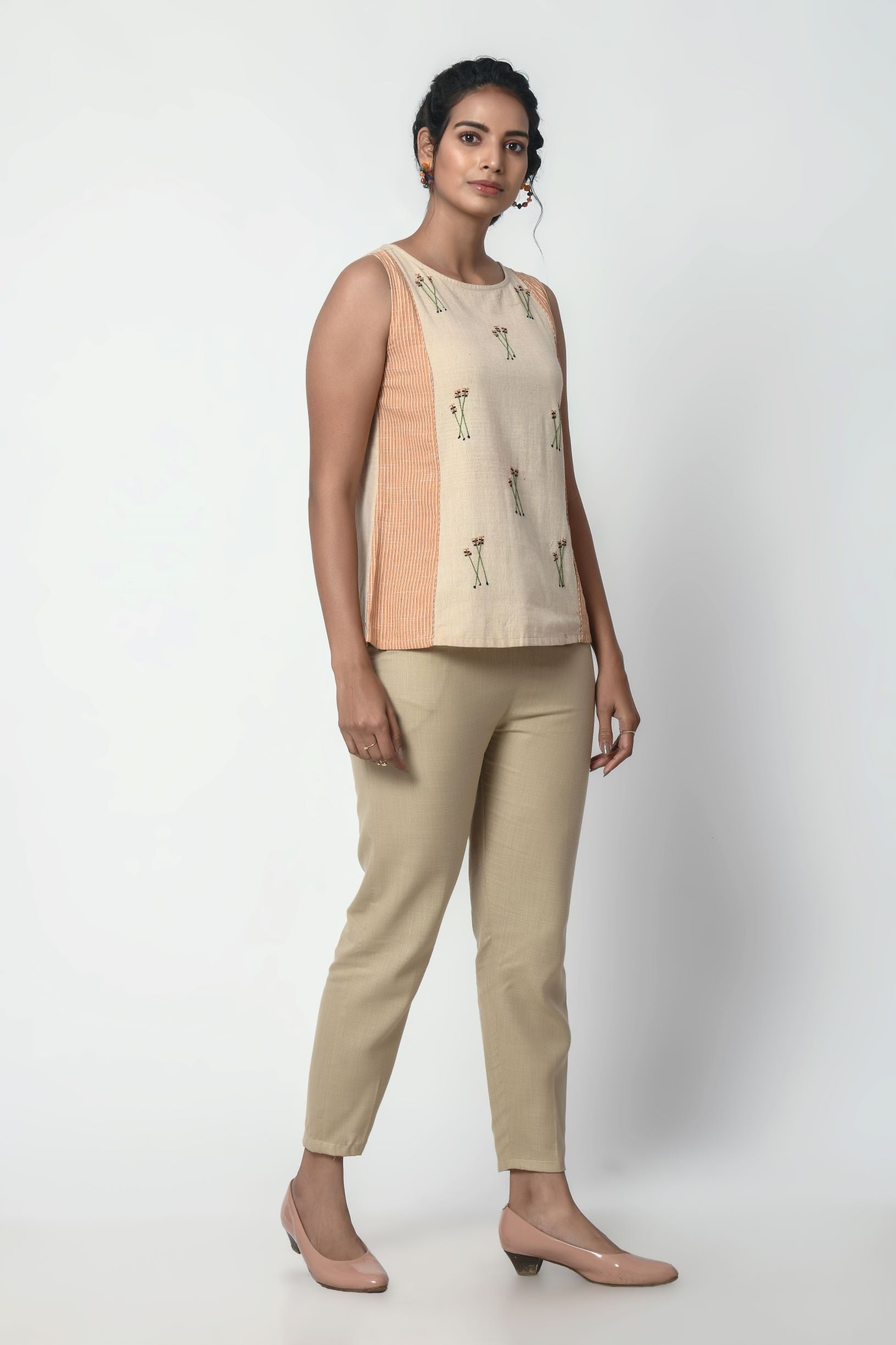 Beige And Orange Stripe Panel Sleeveless Top With Box Pleat