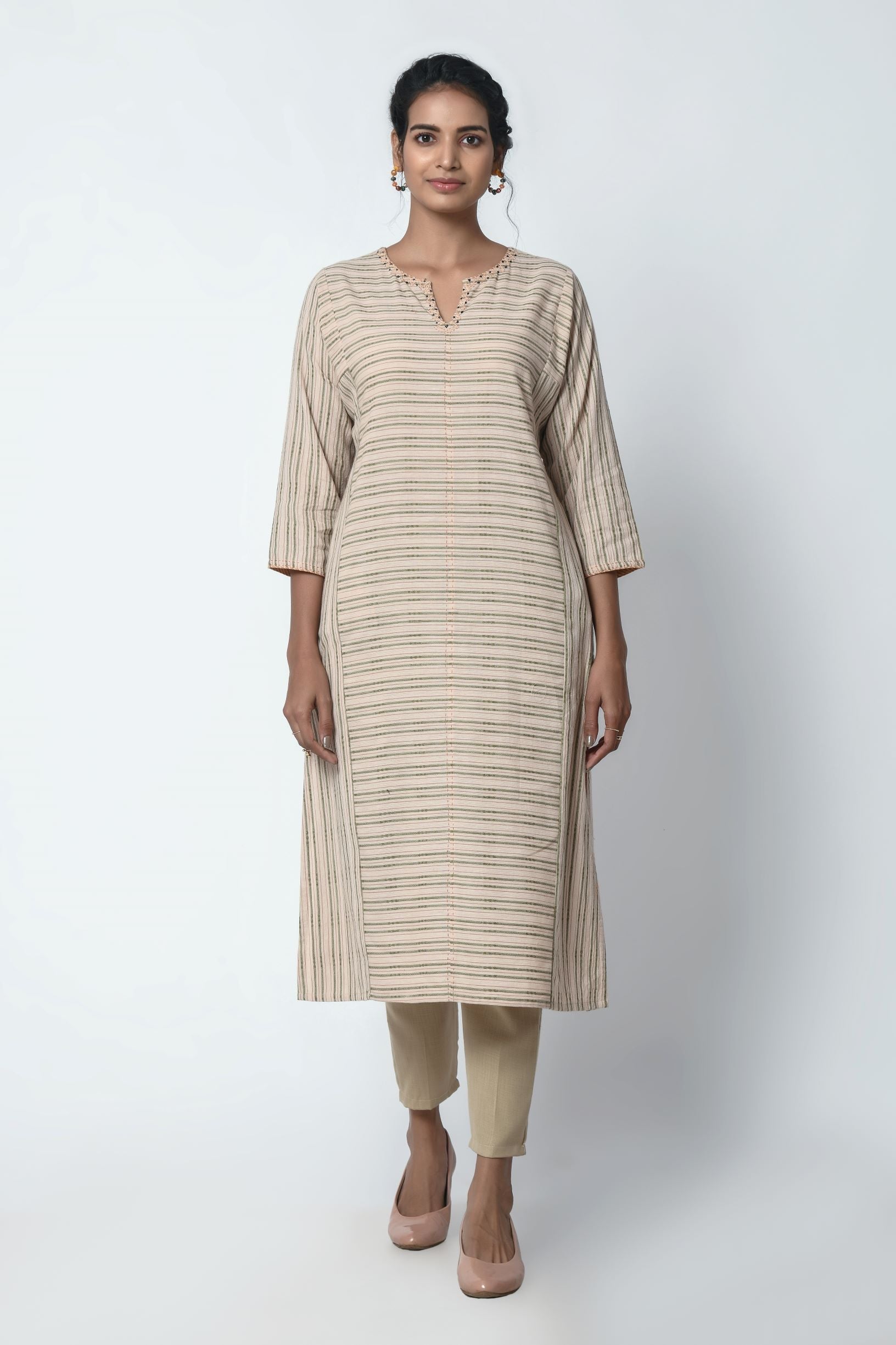 Beige Dobby Stripe Kurta With Gusset