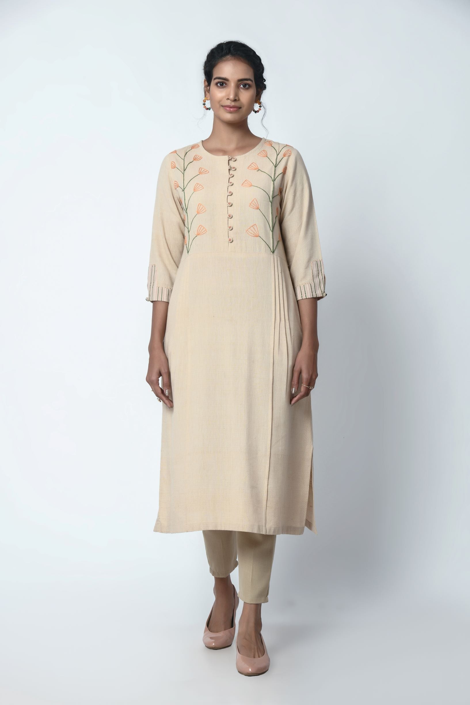 Beige Kurta With Pleats