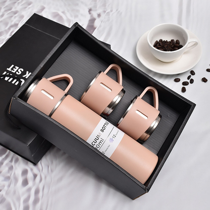 Insulated Double Wall Stainless Steel Tea & Coffee Flask With 3 Cups, Hot & Cold Thermal Bottle (Peach Color)