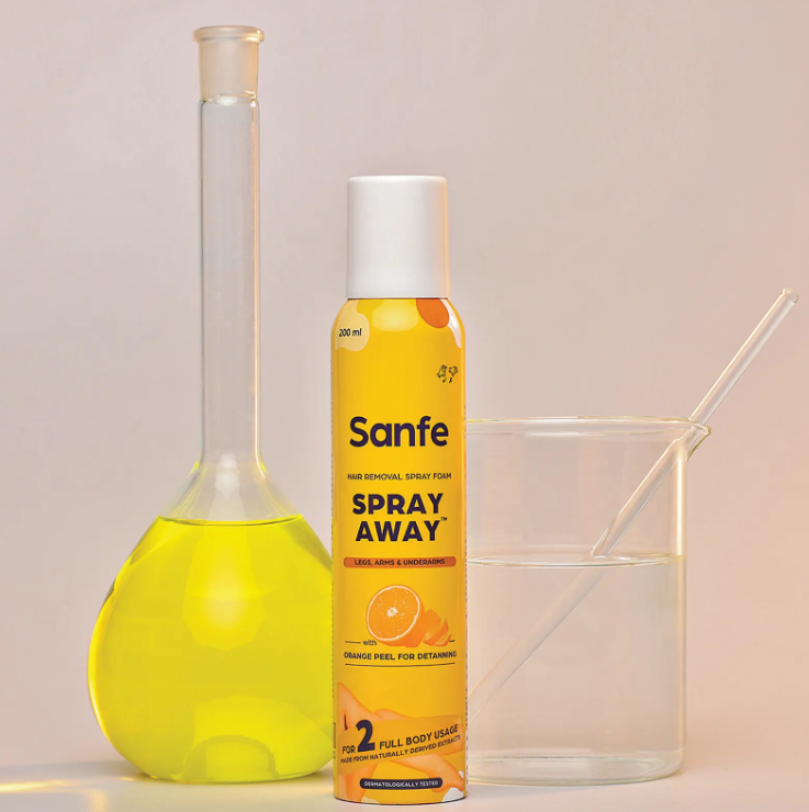 Sanfe Painless & Detan Hair Removal Spray Cream - 200 ml For Chest, Legs, Arms & UnderArm Removes Hair in 10 Minutes with Skin Detan Orange Peel, Aloevera, Vitamin E & Niacinamide