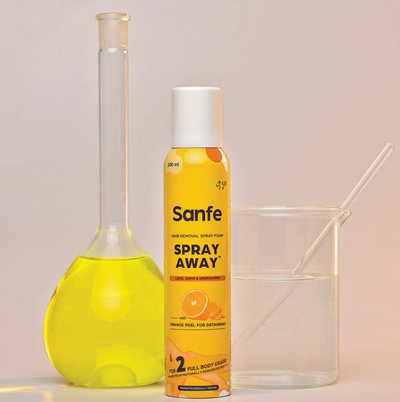 Sanfe Painless & Detan Hair Removal Spray Cream - 200 ml For Chest, Legs, Arms & UnderArm Removes Hair in 10 Minutes with Skin Detan Orange Peel, Aloevera, Vitamin E & Niacinamide
