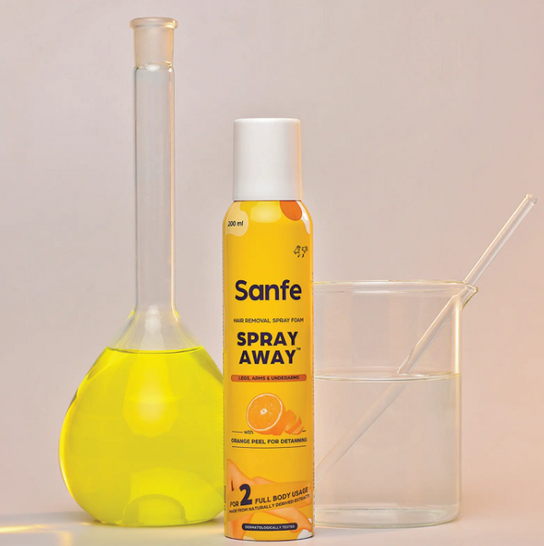 Sanfe Painless & Detan Hair Removal Spray Cream - 200 ml For Chest, Legs, Arms & UnderArm Removes Hair in 10 Minutes with Skin Detan Orange Peel, Aloevera, Vitamin E & Niacinamide