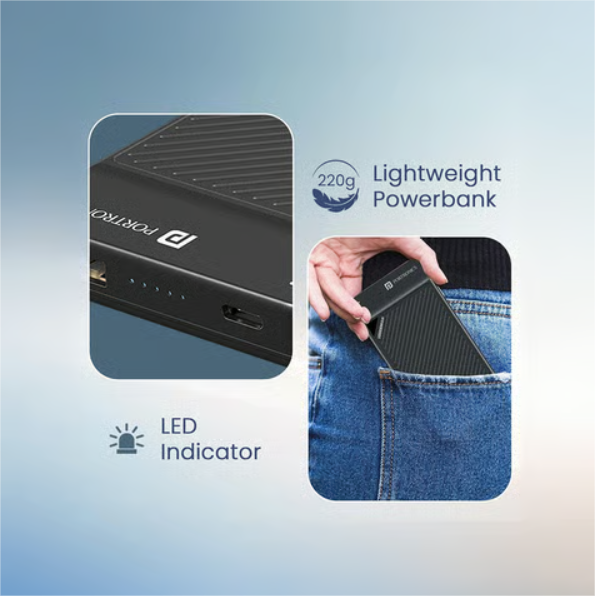 Portronics Luxcell Stride 10 10000mAh Power Bank with 22.5W Fast Charging, Built-in Cable & Compact Portable Design Halfpe Deals