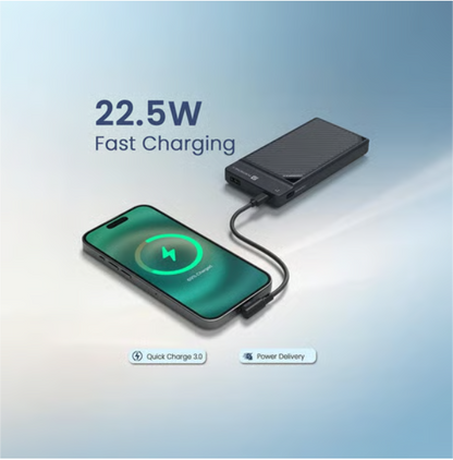 Portronics Luxcell Stride 10 10000mAh Power Bank with 22.5W Fast Charging, Built-in Cable & Compact Portable Design Halfpe Deals