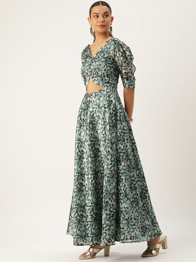 Bollywood Vogue Ready To Wear Blue Art Silk Digital Printed Dress
