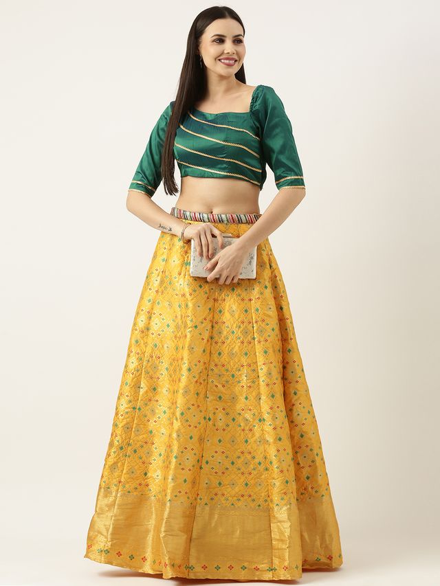 Bollywood Vogue Ready To Wear Green N Yellow Jacquard Skirt Set