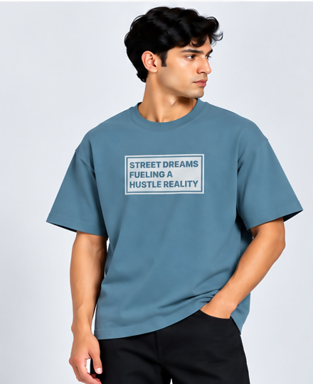 HUSTLE Men's Crew Neck Oversized T-Shirt – Dull Teal Blue(Oversized fit)
