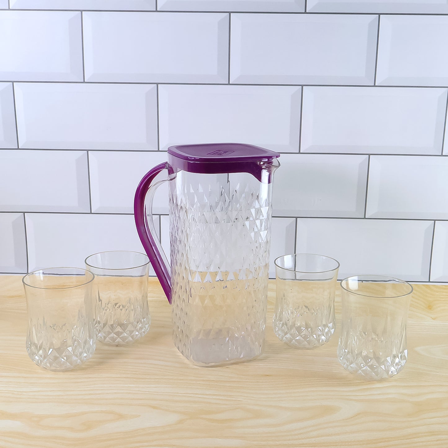 Supermom ROMA 5-Piece Diamond-Cut Plastic Jug with 4 Glasses Combo Set – 1500 ML Pitcher and 4 x 300 ML Tumblers (5 Pc)
