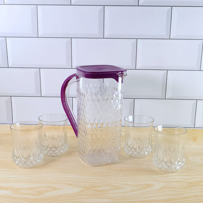 Supermom ROMA 5-Piece Diamond-Cut Plastic Jug with 4 Glasses Combo Set – 1500 ML Pitcher and 4 x 300 ML Tumblers (5 Pc)