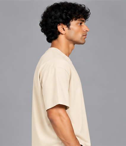 HUSTLE Men's Crew Neck Oversized T-Shirt – Cream(Oversized fit)