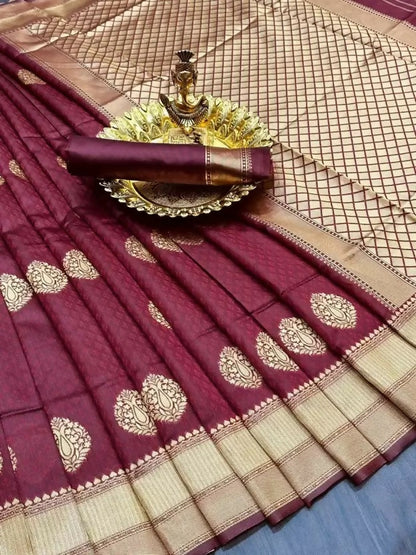 AXONIT Maroon Majesty Banarasi Silk Saree with Rich Golden Zari