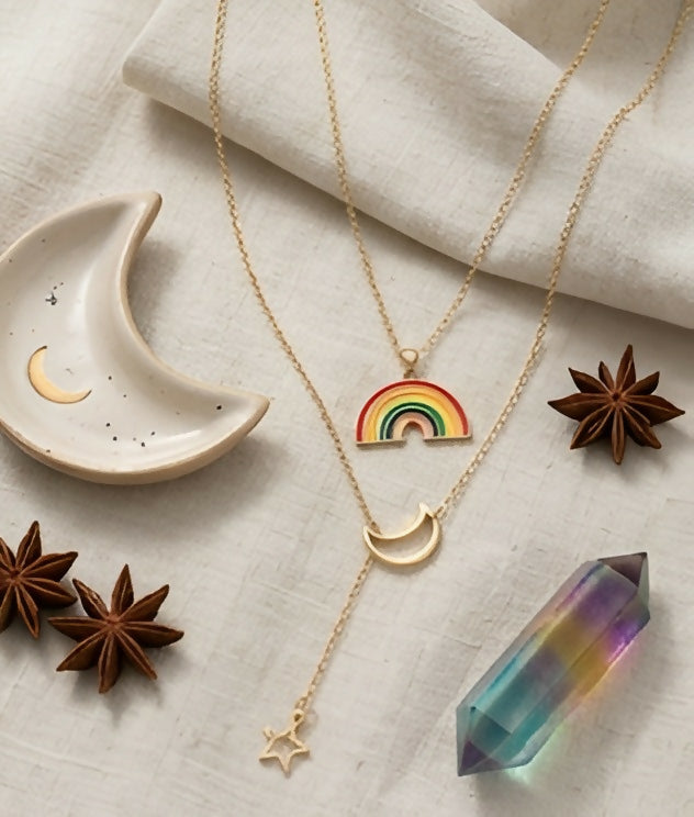 Rainbow Pendant & Crescent Moon Necklace Set (2 Pieces)