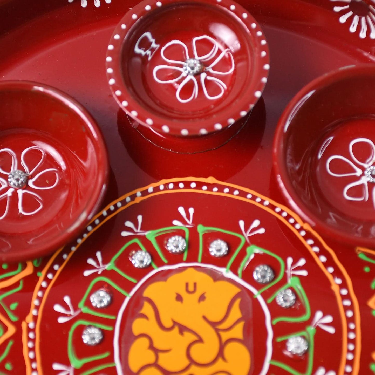 Hand-Painted Decorative Pooja Thali with Ganesha Motif and Diyas – Traditional Festive Design (1 Pc)
