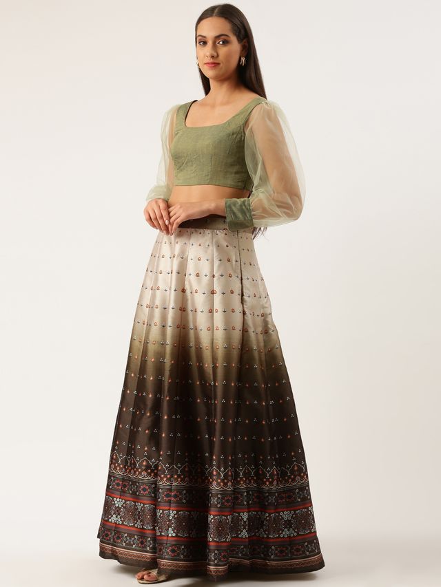 Bollywood Vogue Ready To Wear Green Taffeta Digital Print  Kali Lehenga
