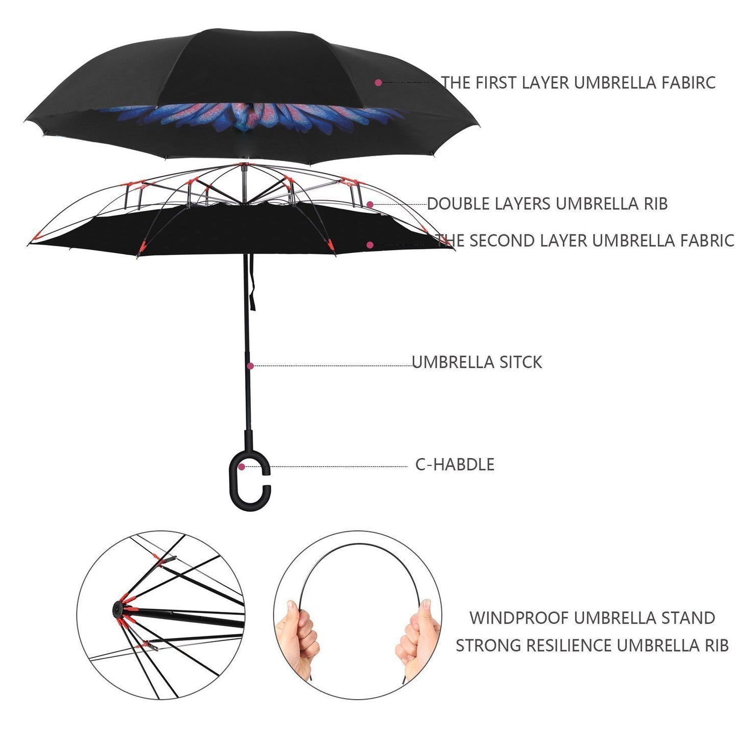 Plain Design Windproof Upside Down Reverse Umbrella With C-shaped Handle