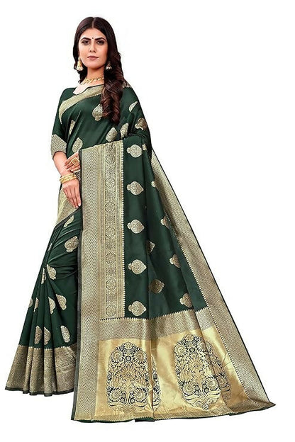 AXONIT Jacquard Silk Saree with Heavy Golden Zari Butta & Antique Gold Border