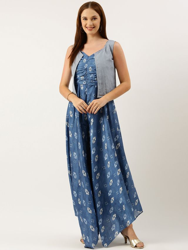Bollywood Vogue Ready To Wear Blue Digital Printed Jacket Style Jumpsuit
